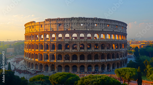 The Colosseum in Rome shines brilliantly under the sunset, highlighting Roman architectural magnificence. This iconic amphitheater embodies Europes diverse history and culture