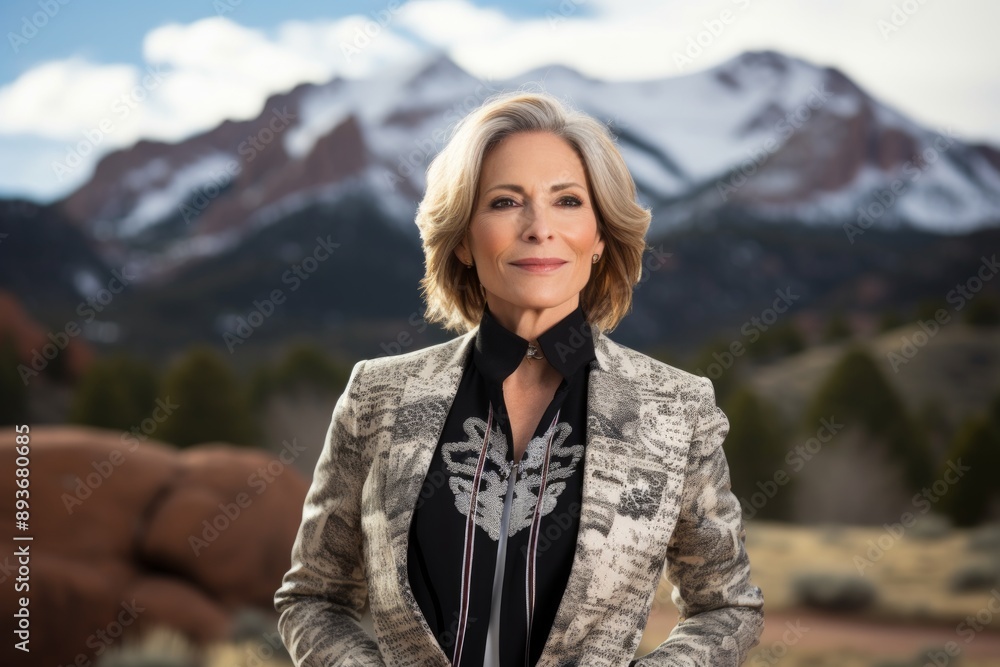 Portrait of a satisfied woman in her 50s dressed in a stylish blazer in snowy mountain range Portrait of a satisfied woman in her 50s dressed in a stylish blazer in snowy mountain range