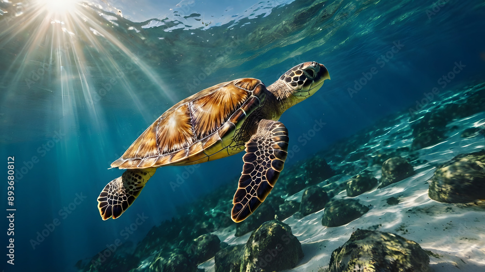 Fototapeta premium Sea Turtle Swimming Gracefully in Clear Blue Ocean Waters