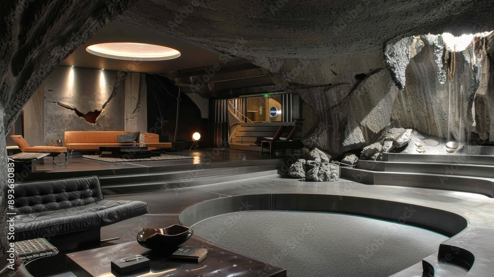 Unusual interior of a modern living room in a cave in shades of gray. Design and interior concept. Unusual interior of a modern living room in a cave in shades of gray. Design and interior concept.