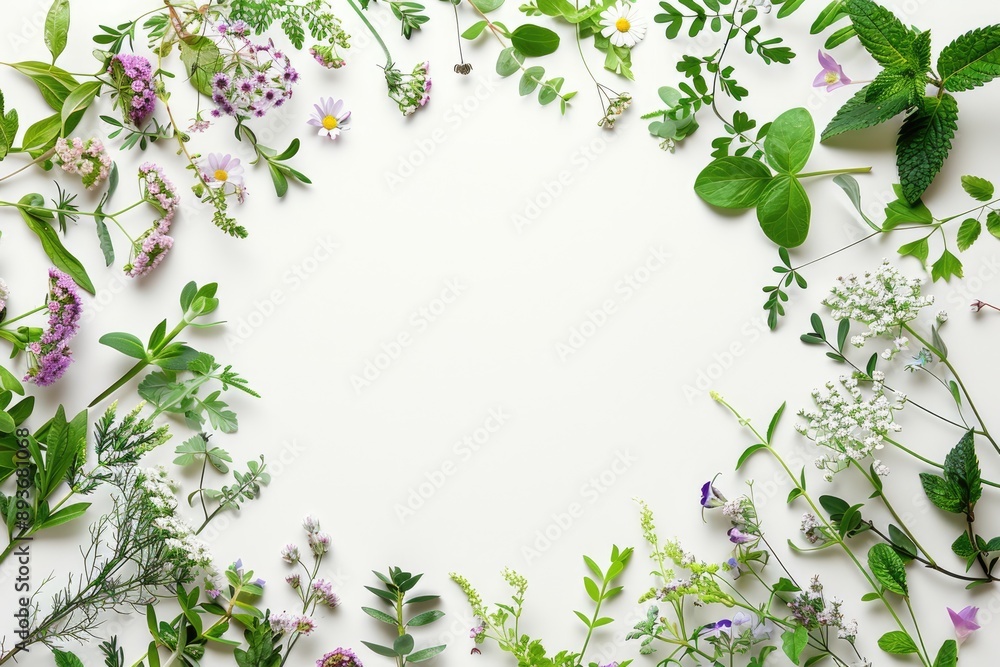 Naklejka premium Frame of assorted fresh herbs and flowers on white background