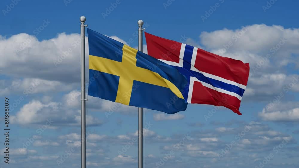 Norway and Sweden flags flying together, video concept of the relationship, two country relations concept Norway and Sweden flags flying together, video concept of the relationship, two country relations concept