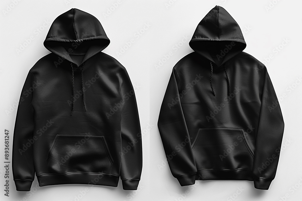 Two black hoodies displayed against a light background, ideal for apparel branding and fashion mockups with ample copy space for custom designs. Two black hoodies displayed against a light background, ideal for apparel branding and fashion mockups with ample copy space for custom designs.