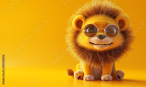 A cute cartoon lion with sunglasses smiles against a bright yellow background, exuding warmth, joy, and a playful character in a vibrant setting. photo