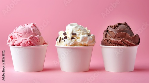 Mockup Strawberry, vanilla and chocolate soft serve ice cream in empty paper cup packaging template collection isolated on pink background