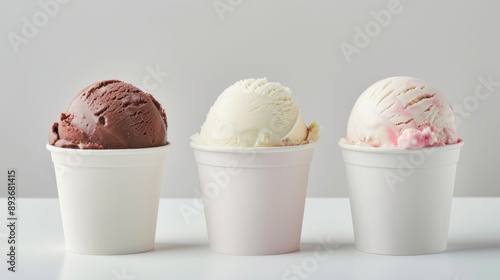 Mockup. Berry, vanilla and chocolate soft serve ice cream, in a collection of empty paper cup packaging templates with isolated background