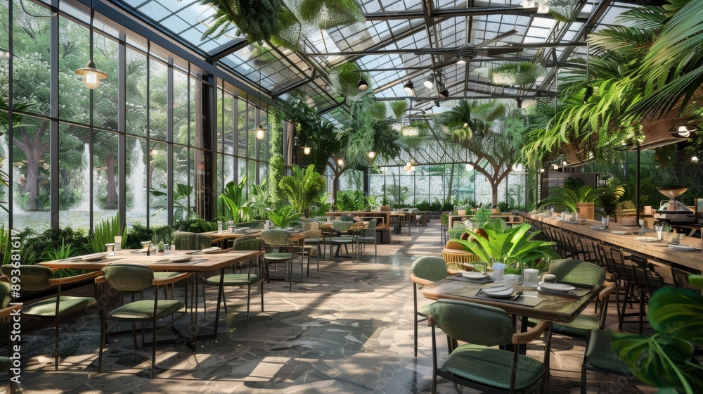 Farm-to-Table Greenhouse Café with Fresh Organic Dining Experience in Lush Green Interior Setting Farm-to-Table Greenhouse Café with Fresh Organic Dining Experience in Lush Green Interior Setting