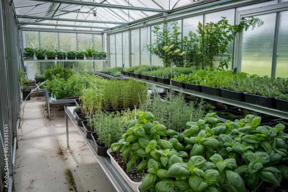 Greenhouse Filled with Culinary Herbs for Chefs and Home Cooks - Fresh Basil, Mint, Rosemary Greenhouse Filled with Culinary Herbs for Chefs and Home Cooks - Fresh Basil, Mint, Rosemary