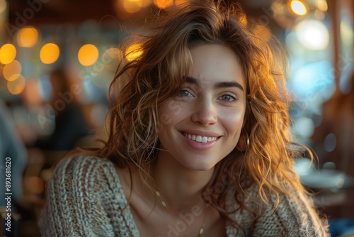 Young woman with curly hair smiling warmly in a cozy cafe with warm lights in the background, radiating happiness.