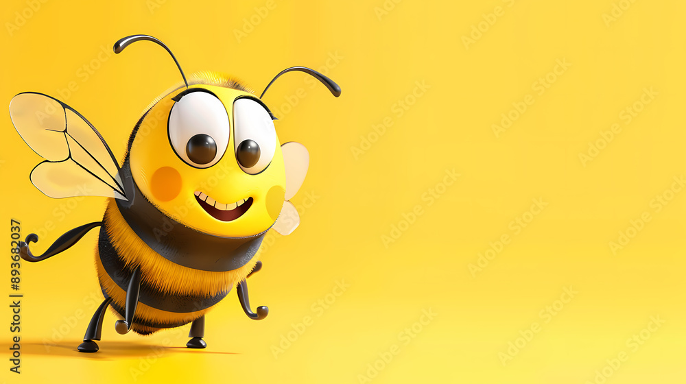 Animated cute bee with a cheerful expression against a bright yellow background. Animated cute bee with a cheerful expression against a bright yellow background.