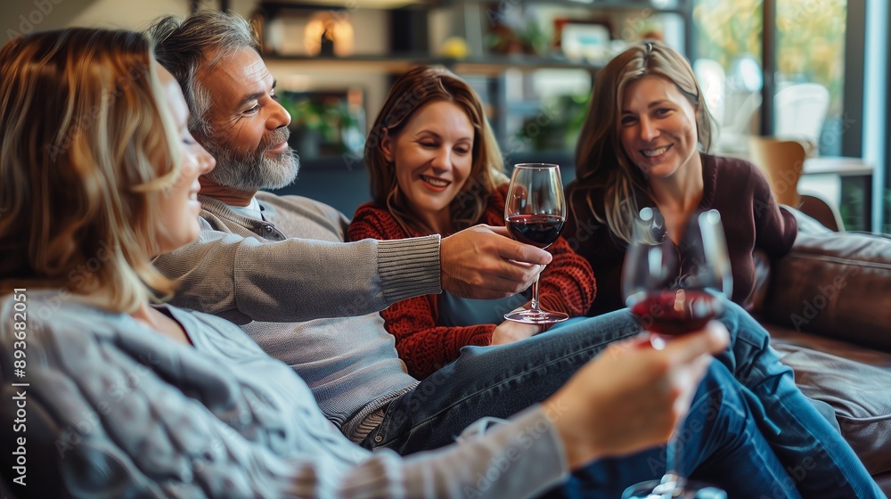 Obraz premium Group of friends relaxing on the sofa, enjoying wine and engaging in conversation with a cozy home setting.