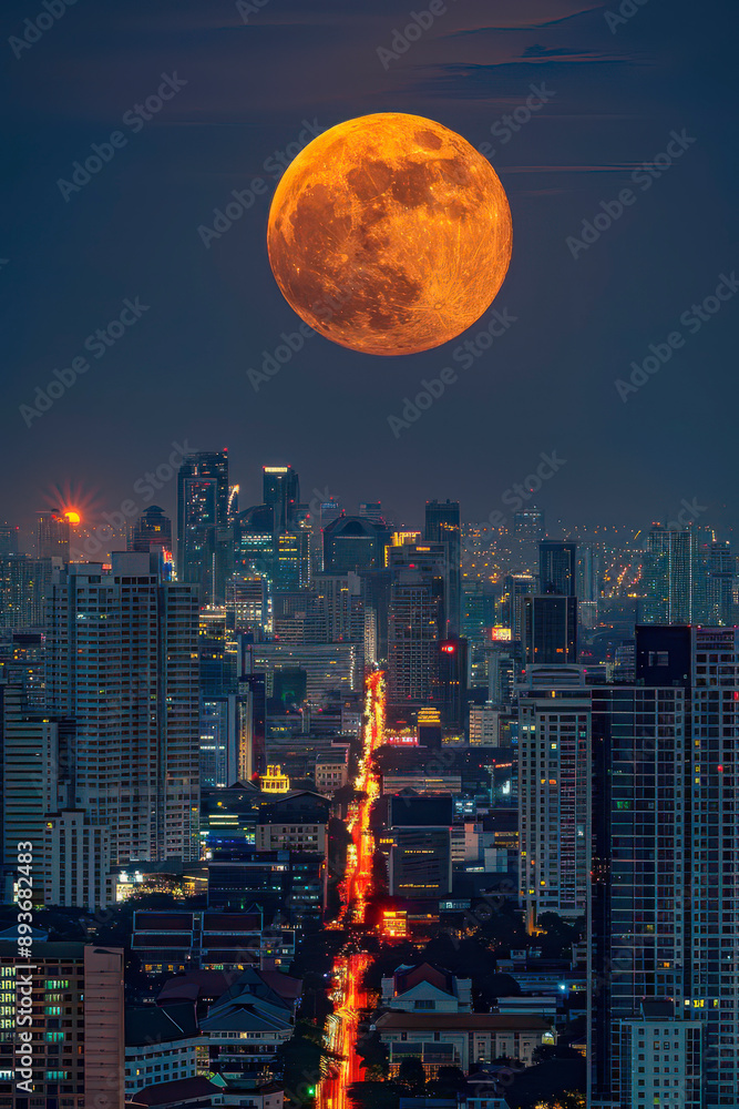 Full moon over Bangkok cityscape at night, Thailand. Panoramic view. Full moon over Bangkok cityscape at night, Thailand. Panoramic view.