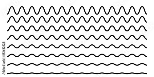 Set of wiggly horizontal lines. Scalloped borders. Sine or cosine curves. Water, fluid, air or wind symbols. River, sea, lake or ocean signs isolated on white background. Vector graphic illustration.