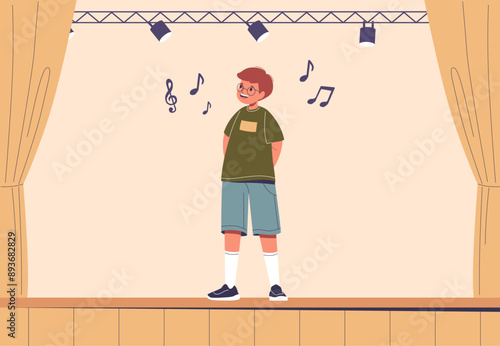 Young Boy Singing Solo On Stage During Choir Performance. Confident Child Performing Under Stage Lights