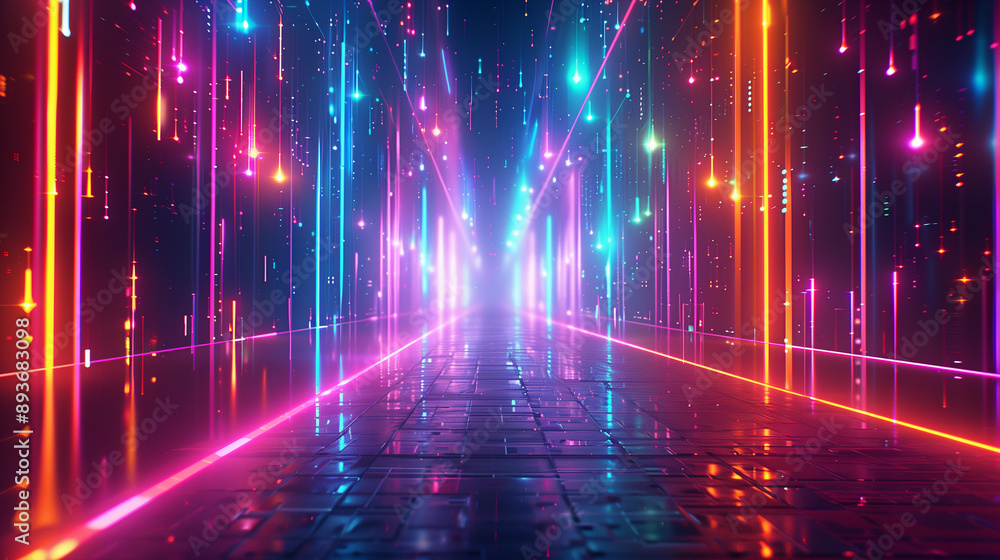 Futuristic abstract background, colorful bright neon rays and glowing lines. AI generative