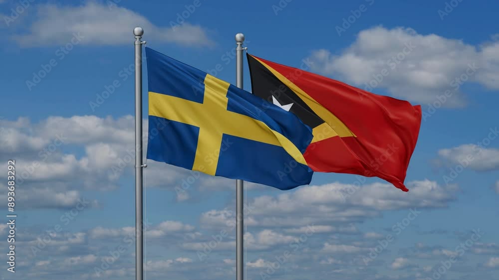 East Timor and Sweden flags flying together, video concept of the relationship, two country cooperation concept East Timor and Sweden flags flying together, video concept of the relationship, two country cooperation concept