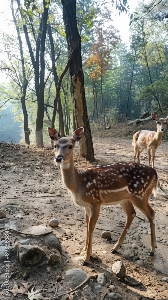 Two deer walking quietly in a forest park located in Seoul, South Korea
Two deer walking quietly in a forest park located in Seoul, South Korea