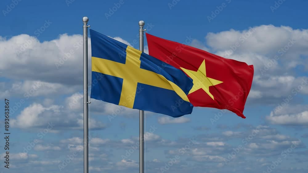 Vietnam and Sweden flags flying together, video concept of the relationship Vietnam and Sweden flags flying together, video concept of the relationship