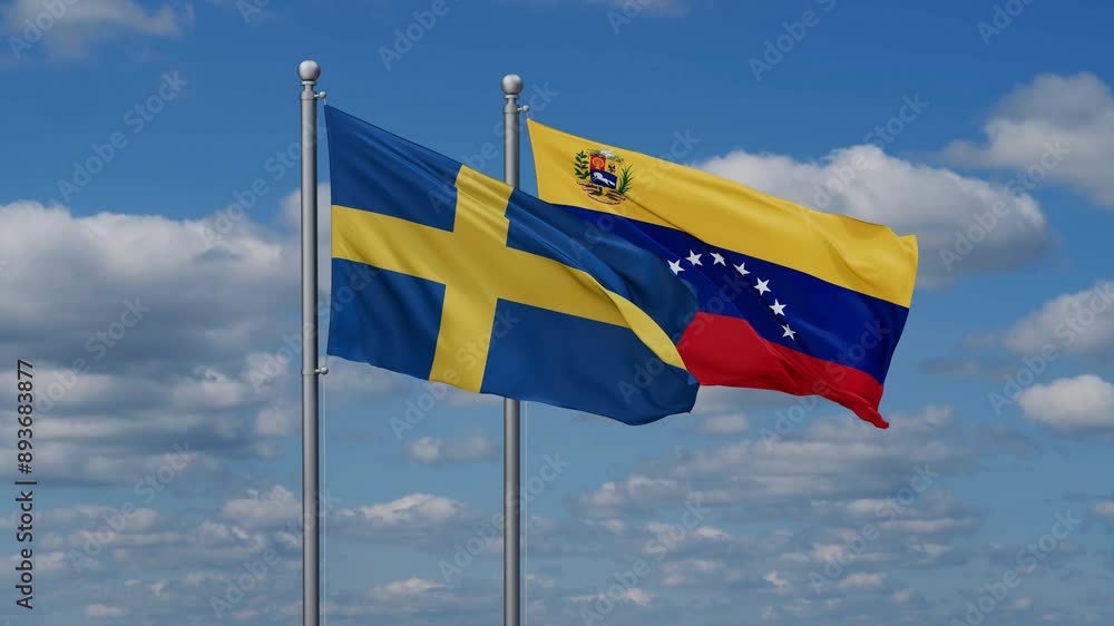 Venezuela and Sweden flags flying together, video concept of the relationship Venezuela and Sweden flags flying together, video concept of the relationship