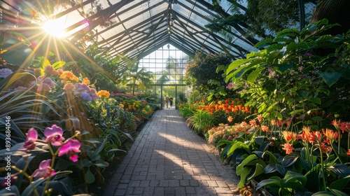 Lush Botanical Garden Greenhouse Interior Filled with Exotic Flowers and Sunlit Pathways