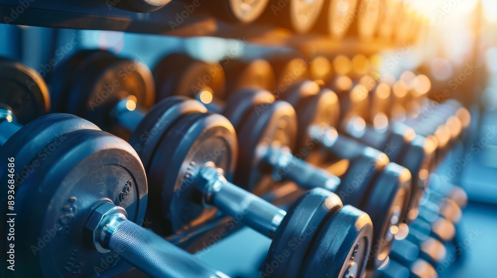 Rows of blue dumbbells in a fitness center during the day Rows of blue dumbbells in a fitness center during the day