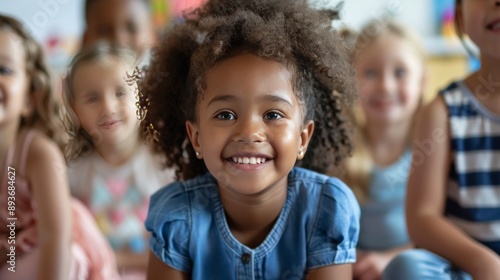 Young girl smiles brightly in a classroom setting with other children