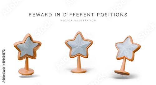 Star in gold decoration. Trophy, statuette for winner. Realistic award in different positions