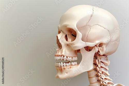 Side view of human skull anatomy with teeth, jaw, and head bones depicted in medical anatomic model
