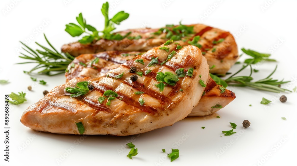 Grilled chicken breast seasoned with fresh herbs and black peppercorns, garnished with parsley and rosemary on a white background. Grilled chicken breast seasoned with fresh herbs and black peppercorns, garnished with parsley and rosemary on a white background.