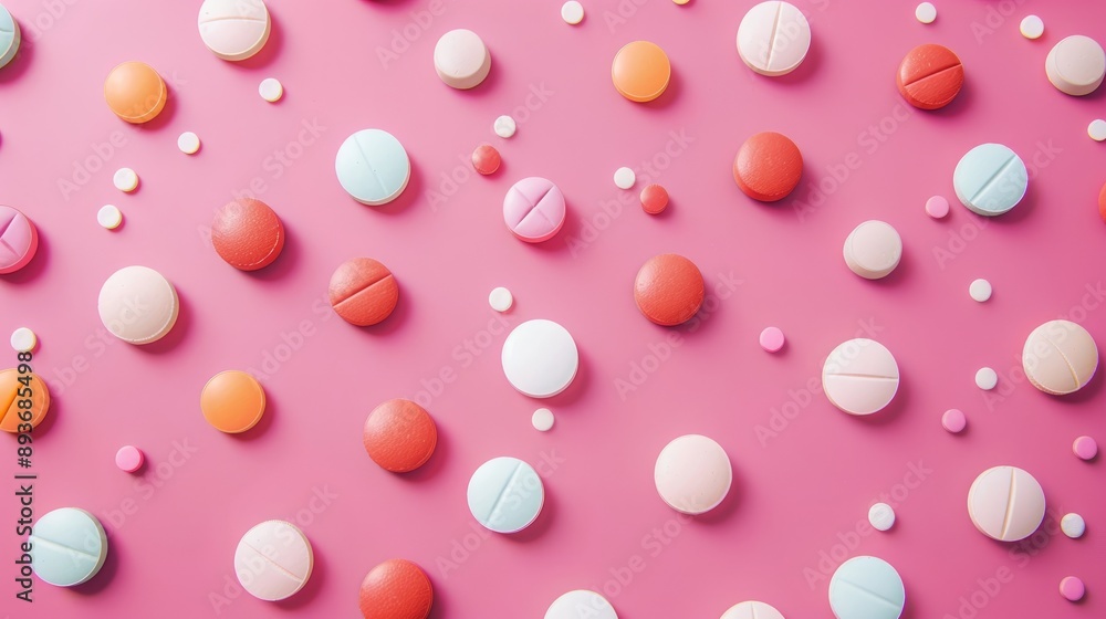 Medical concept Various colored pills on pink background viewed from above Medical concept Various colored pills on pink background viewed from above