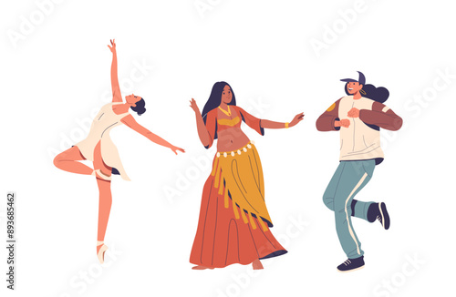 Three Dancers Performing Different Dance Styles Include Ballerina, Belly Dance Performer, And A Hip-hop Dancer