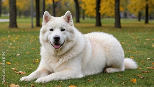 White alaskan malamute dog in the park