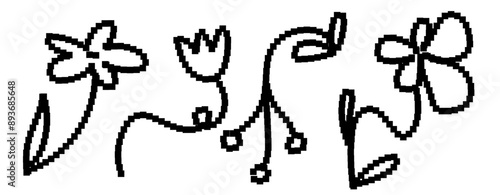 Y2k Pixel art. Flowers set doodle. Retro symbol with organic line. New shape elements. Poster bitmap art