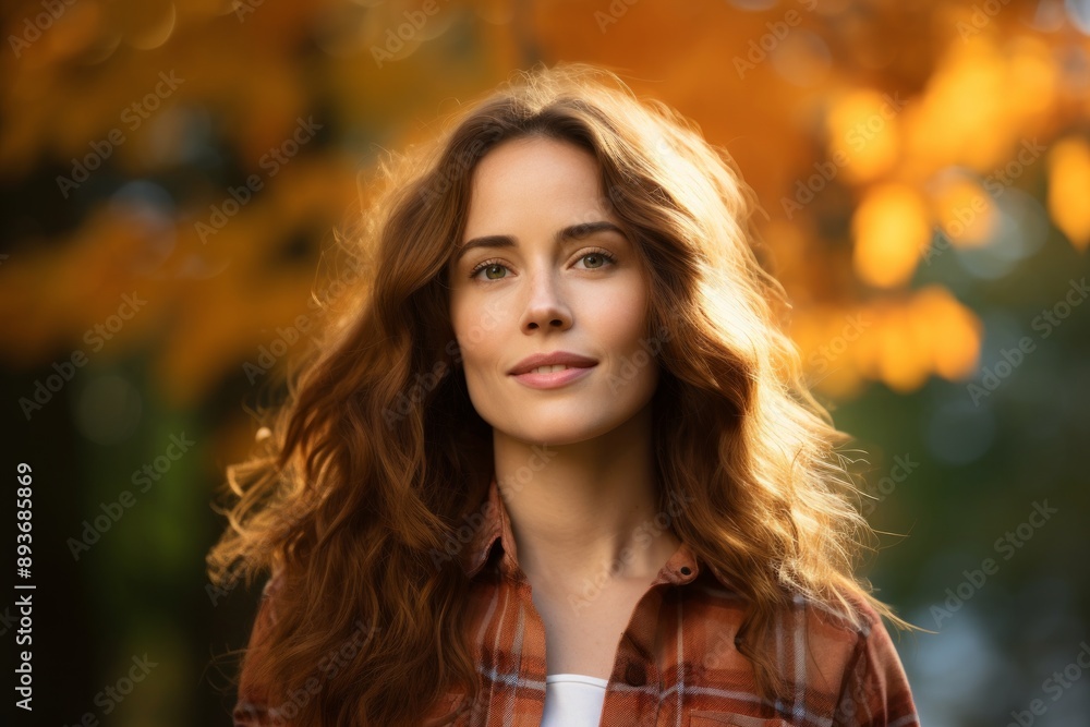Portrait of a satisfied woman in her 30s wearing a comfy flannel shirt in background of autumn leaves Portrait of a satisfied woman in her 30s wearing a comfy flannel shirt in background of autumn leaves