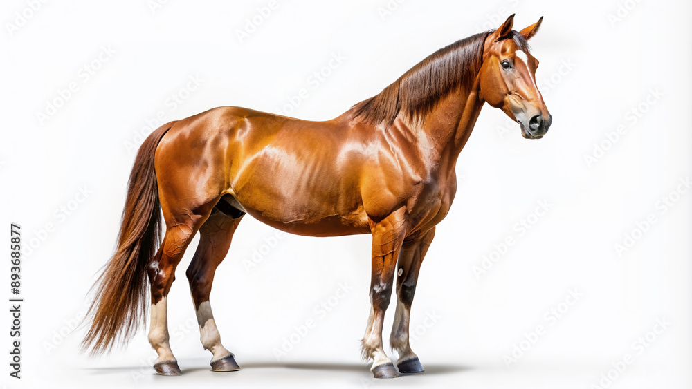 Fototapeta premium Majestic brown horse with a gleaming coat and gentle eyes stands proudly, isolated on a pure white background, showcasing its natural elegance and beauty.