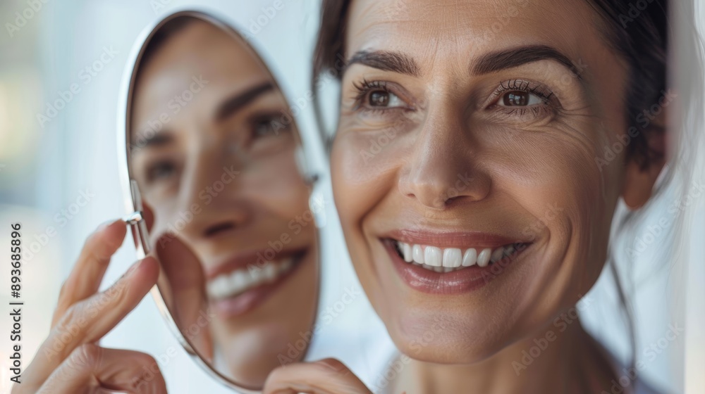 Woman Smiling with Reduced Crow's Feet After Botox Treatment, Holding Handheld Mirror Woman Smiling with Reduced Crow's Feet After Botox Treatment, Holding Handheld Mirror