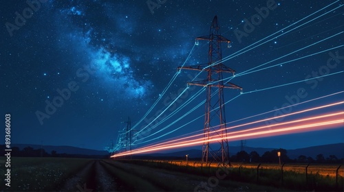 Electricity infrastructure and high voltage network: energy distribution with power towers at night and industrial transmission grid under starry silhouette