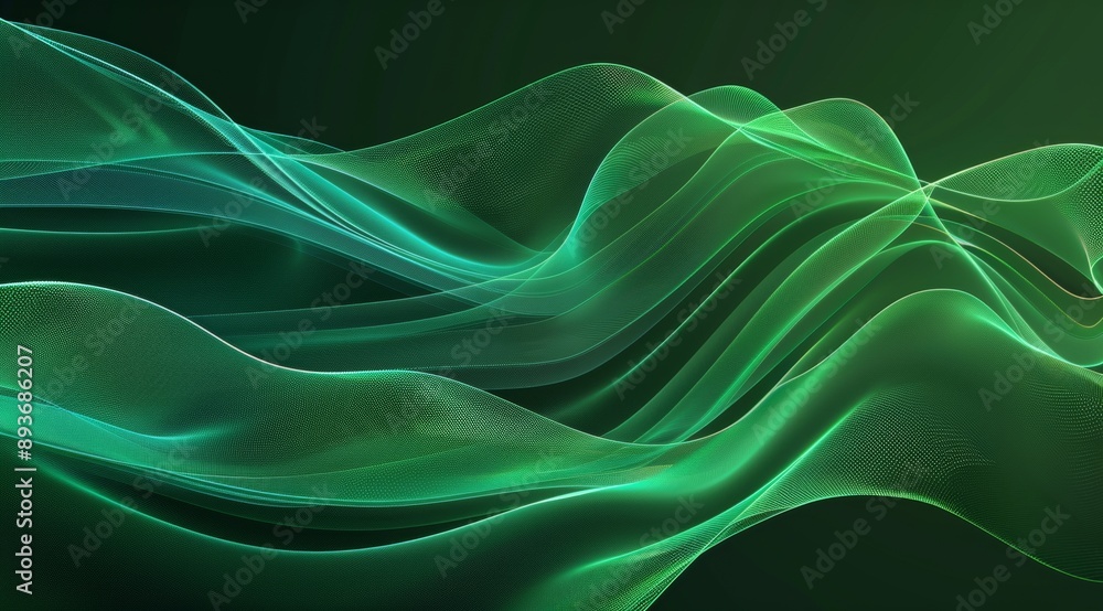 Obraz premium image features an abstract green wave pattern set against a dark background. The flowing lines create a dynamic and energetic visual, evoking a sense of motion and fluidity