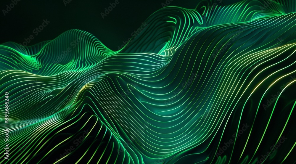 Abstract green digital waves glide through a dark, mysterious space, forming a mesmerizing landscape with fluid lines and glowing dots. The image evokes a futuristic, surreal atmosphere Abstract green digital waves glide through a dark, mysterious space, forming a mesmerizing landscape with fluid lines and glowing dots. The image evokes a futuristic, surreal atmosphere