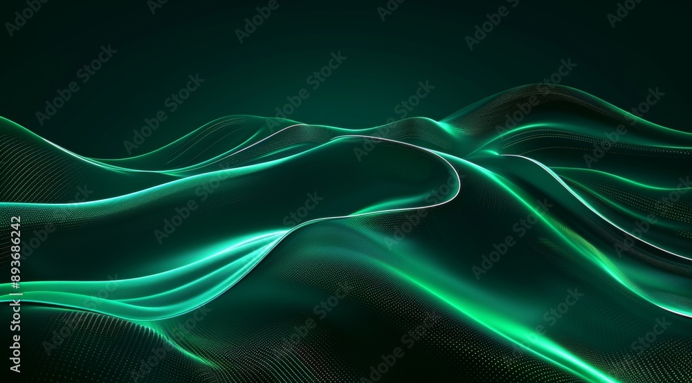 Fototapeta premium Abstract green digital waves glide through a dark, mysterious space, forming a mesmerizing landscape with fluid lines and glowing dots. The image evokes a futuristic, surreal atmosphere