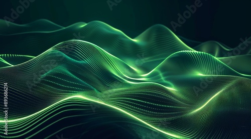 Abstract green digital waves glide through a dark, mysterious space, forming a mesmerizing landscape with fluid lines and glowing dots. The image evokes a futuristic, surreal atmosphere
