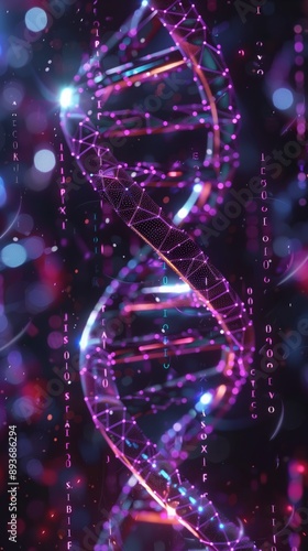 Dettagliata rappresentazione 3D di una doppia elica di DNA con luci brillanti su sfondo blu e rosa, evidenziando la complessità genetica e la tecnologia avanzata.