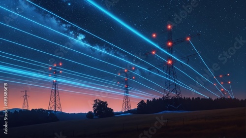 Electricity infrastructure and high voltage network: energy distribution with power towers at night and industrial transmission grid under starry silhouette