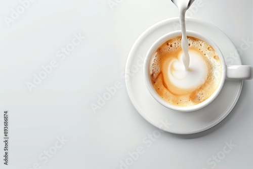 Adding milk to coffee in cup top down view