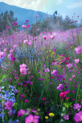 Colorful fog filled the flowers valley in the morning  photo