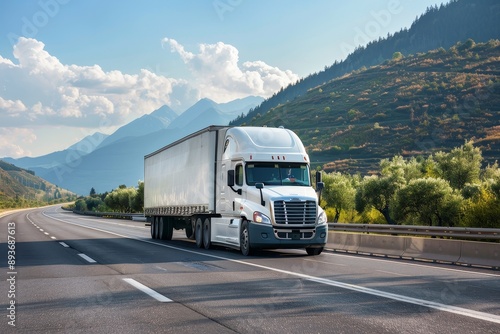 Big rig semi truck transporting cargo on flat bed semi trailer on highway road with olive gardens on side headed to distribution warehouse