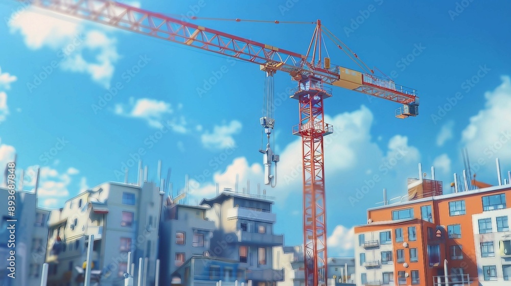 a red crane is standing in front of some buildings a red crane is standing in front of some buildings