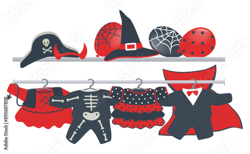 Halloween Costumes on Hangers. Red and Black Holidays Items. Witch, Skeleton, Imp Girl, Vampire, Pirate Kids Costumes. Halloween Balloons. Halloween Kids Party Template. Vector illustration