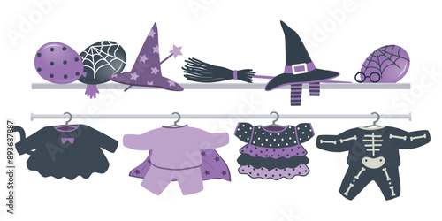 Halloween Costumes on Hangers. Purple and Black Holidays Items. Witch, Skeleton, Wizard, Cat Girl Kids Costumes. Halloween Balloons. Halloween Kids Costumes Store. Vector illustration