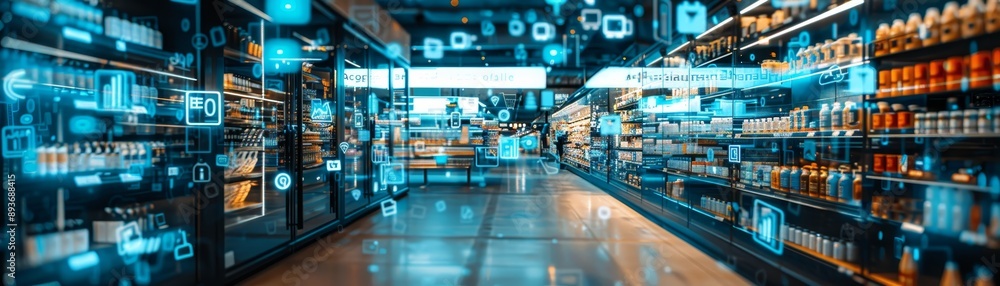 Futuristic retail store with digital interface, showcasing technology integration in shopping with data and connectivity for a modern experience. Futuristic retail store with digital interface, showcasing technology integration in shopping with data and connectivity for a modern experience.